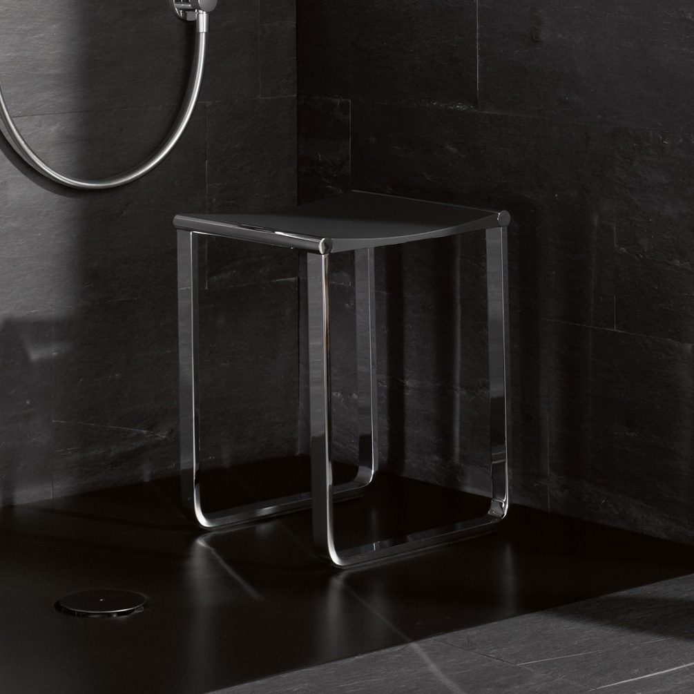 product lifestyle close up image of next to shower of keuco plan dark grey and chrome plated stool 14982010037